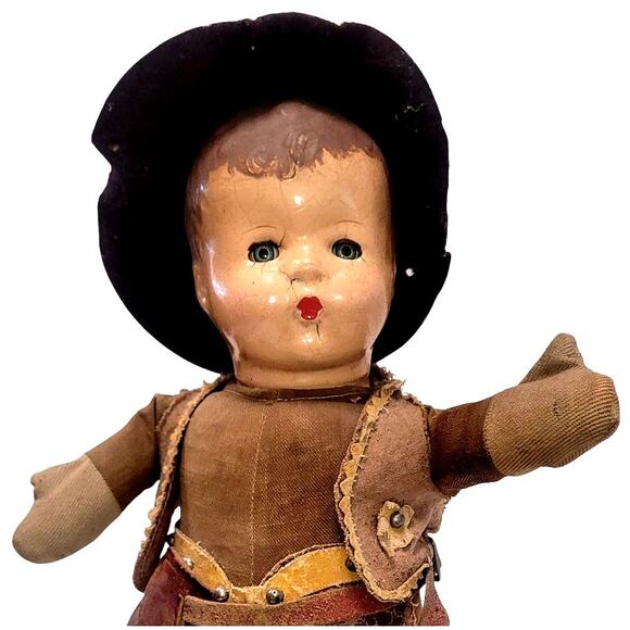 13" 1920s Antique Composition Head Sweet Cowboy Toddler Baby Boy - Picture 5 of 12